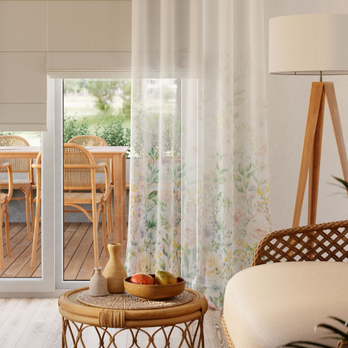 Biała firana woalowa z kolorowym nadrukiem kwiatowym od dołu, wysokość 295 cm, dół wykończony ołowianką