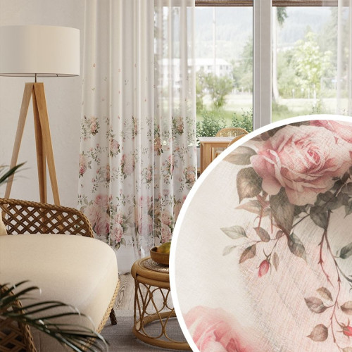 Długa firana do salonu, etamina z nadrukiem kwiatowym od dołu i ołowianką, wysokość 295 cm, Rossette - sprzedawana na metry