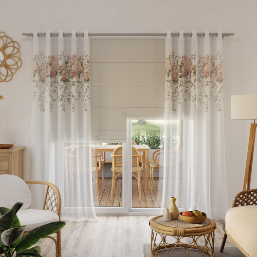 Woalowa firanka z ołowianką, kolor biały z nadrukiem róż  od góry, wysokość 315 cm, Rosette - sprzedawana na metry