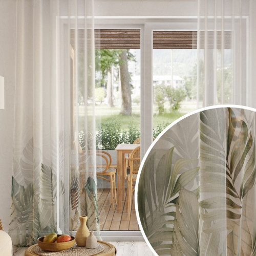 Firana z etaminy do salonu na taśmie, nadruk w tonacji zielono-brązowej, wysokość od 100 do 295 cm, Tropikalna oaza - szyta na wymiar