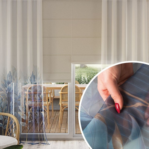 Firanka z woalu do salonu na taśmie, z nadrukiem w kolorze granatowym, wysokość od 100 do 315 cm, Indigo - szyta na wymiar