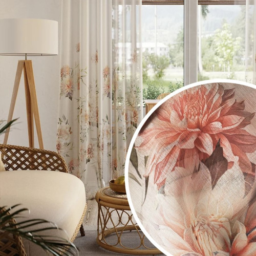 Długa firana z etaminy z ołowianą i kolorowym nadrukiem od dołu, wysokość 295 cm, Manila - sprzedawana na metry