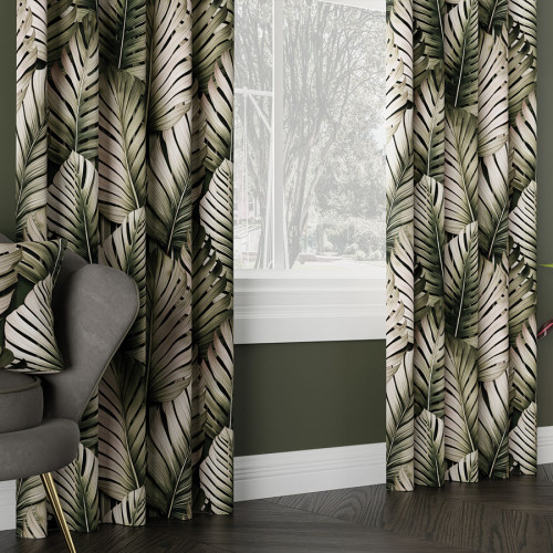 Zasłona zaciemniająca typu blackout na taśmie Tropicana, ciemnozielona z nadrukiem w liście - szyta na wymiar