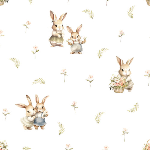Biała welurowa tkanina zasłonowa do pokoju dziecka, z kolorowym nadrukiem, szerokość 165 cm, Króliczki - sprzedawana na metry