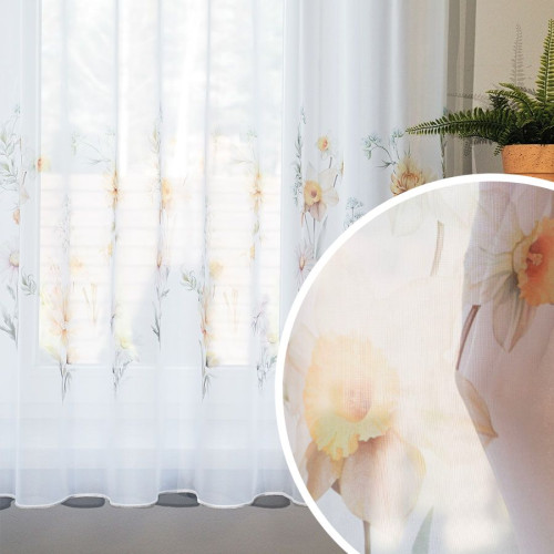 Firanka woal z ołowianką, kolor biały z nadrukiem kwiatowym, wysokość 157 cm, Wiosenna polana - sprzedawana na metry