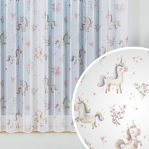 Firanka woal drukowany z ołowianką do pokoju dziecka na taśmie marszczącej, wysokość 157 cm, Słodkie jednorożce - szyta na wymiar