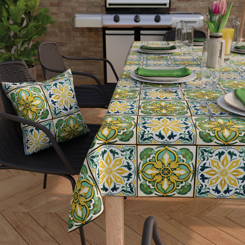 Obrus wodoodporny z nadrukiem w greckim stylu w kolorze żółto-zielonym, wykończony listwą, Malik - szyty na wymiar