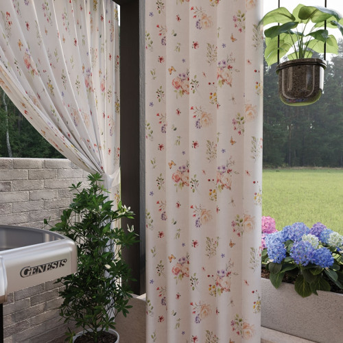 Zasłona z tkaniny wodoodpornej na taśmie, Elara, szerokość do 150 cm, kolor biały z kwiatowym nadrukiem - szyta na wymiar