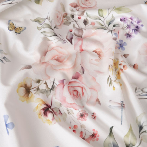 Tkanina zasłonowa z welwetu, biała z kwiatowym nadrukiem, szerokość 150 cm, Roksanna - sprzedawana na metry