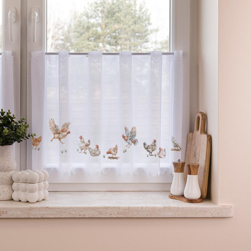 Zazdrostka żakardowa z otworami na drążek, biała z kolorowym nadrukiem, oferowana w 2 wysokościach, Kury - sprzedawana na metry