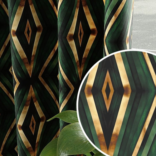 Welwetowy materiał na zasłony, drukowany ze wzorem geometrycznym, kolor zielony, szerokość 150 cm - sprzedawany na metry