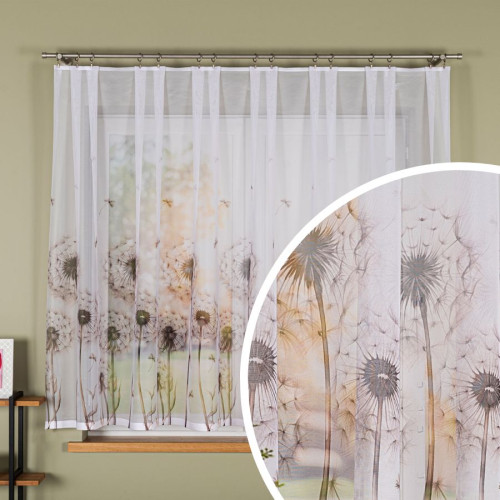 Krótka firanka żakardowa z nadrukiem w tonacji beżowo-szarej. dostępna w kilku wysokościach, Dmuchawce - sprzedawana na metry