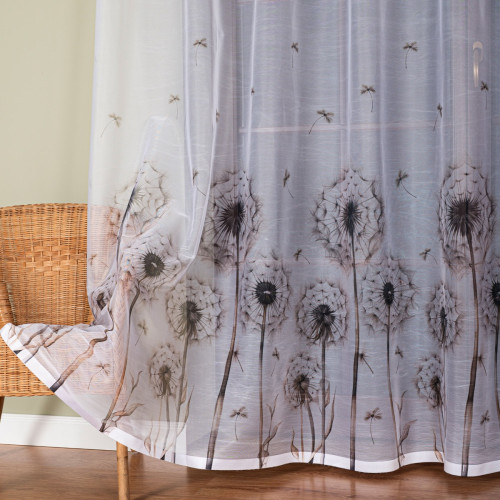 Długa firana żakardowa do salonu  z nadrukiem w tonacji beżowo-szarej, dostępna w kilku wysokościach, Dmuchawce - sprzedawana na metry