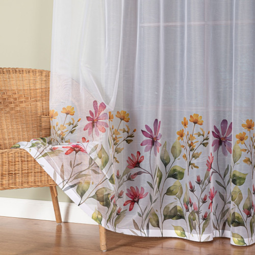 Długa firanka żakardowa do salonu, kolor biały z kolorowym nadrukiem, dostępna w kilku wysokościach, Kwiatowa łąka - sprzedawana na metry