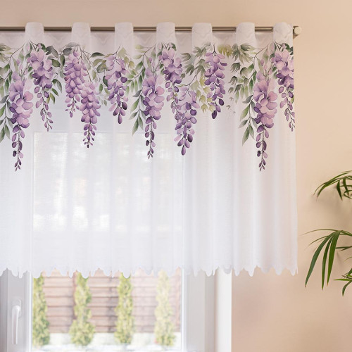 Zazdrostka żakardowa z otworami na drążek, biała z kolorowym nadrukiem, oferowana w 2 wysokościach, Wisteria - sprzedawana na metry