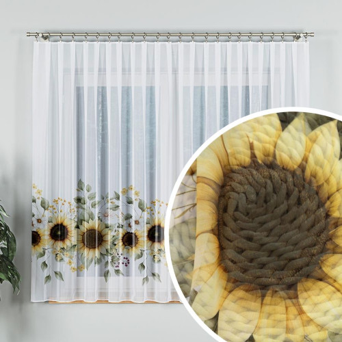 Firanka  wola z ołowianką, kolor biały z kolorowym nadrukiem, wysokość 157 cm, Słoneczniki - sprzedawany na metry