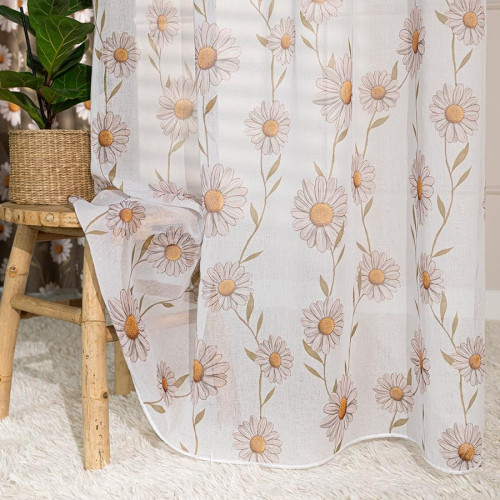 Firana, etamina z ołowianką, biała z kolorowym nadrukiem do szyny sufitowej, wysokość do 285 cm, Stokrotka - szyta na wymiar