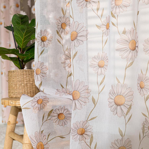 Firana, etamina z ołowianką, biała z kolorowym nadrukiem na przelotkach, wysokość do 275 cm, Stokrotka - szyta na wymiar