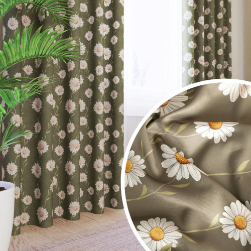 Zasłona welurowa, drukowana w odcieniu zielonym na przelotkach, szerokość do 155 cm, Stokrotka - szyta na wymiar