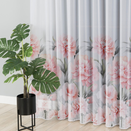 Firana do salonu, woal z ołowianką i nadrukiem dużych kwiatów, na taśmie marszczącej, wysokość nawet 295 cm, Marigold  - szyta na wymiar