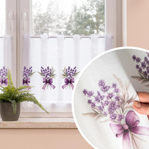 Zazdrostka żakardowa z otworami na drążek, kolor biały z kolorowym nadrukiem, oferowana w 2 wysokościach, Lawenda - sprzedawana na metry