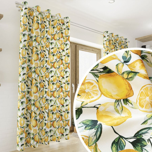 Zasłona drukowana welurowa  na przelotkach, biała z kolorowym nadrukiem szerokość  do 155 cm, Cytryny - szyta na wymiar