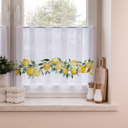 Zazdrostka żakardowa z otworami na drążek. biała z kolorowym nadrukiem, oferowana w 2 wysokościach, Cytryny - sprzedawana na metry