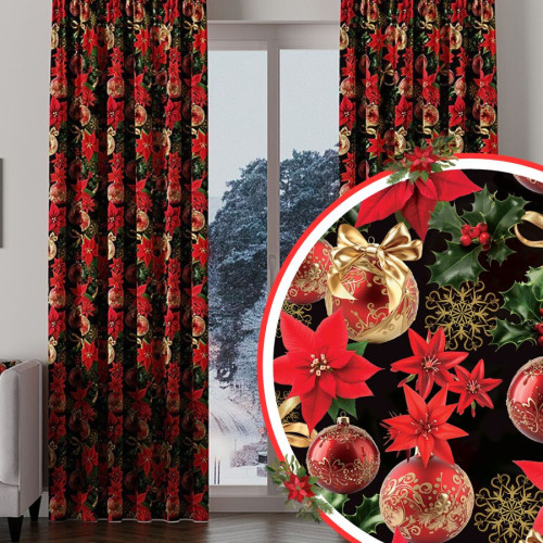 Zasłona z tkaniny wodoodpornej, drukowana, wzór bożonarodzeniowy, na przelotkach, szerokość do 150 cm, Złote bombki - szyta na wymiar