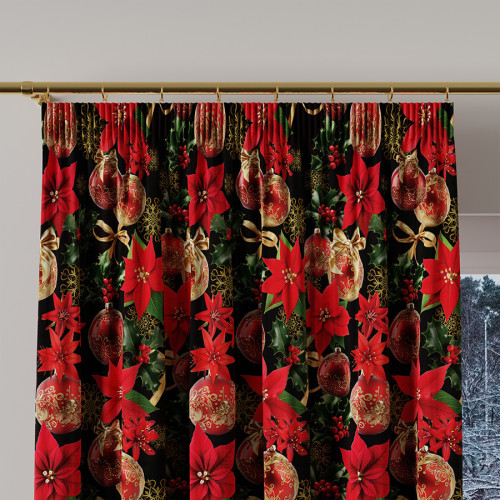 Zasłona z tkaniny wodoodpornej, drukowana, wzór bożonarodzeniowy, na taśmie marszczącej, szerokość do 150 cm, Złote bombki - szyta na wymiar