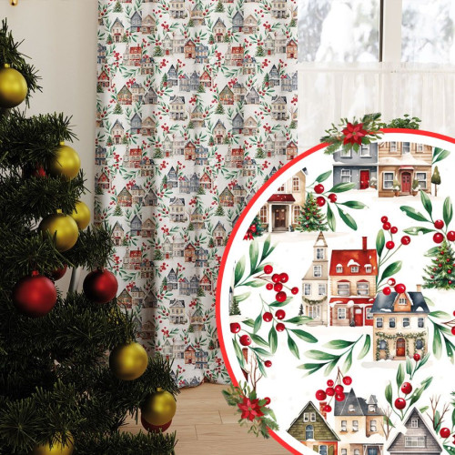 Zasłona z tkaniny wodoodpornej, tło białe, kolorowy nadruk, na taśmie, wysokość do 350 cm, Zimowe miasteczko - szyta na wymiar