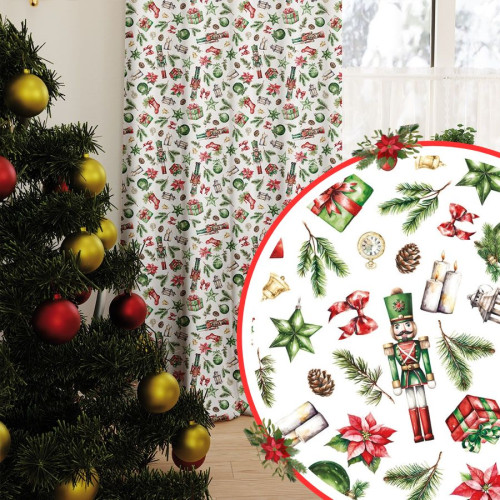 Zasłona z tkaniny wodoodpornej, białe tło, świąteczny nadruk, na taśmie, wysokość do 350 cm, Dziadki do orzechów mix - szyta na wymiar