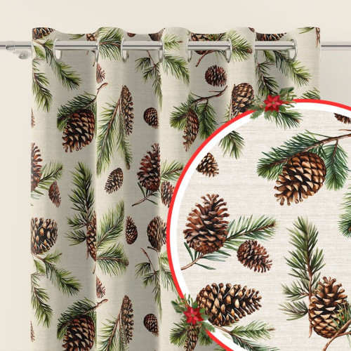 Zasłona z tkaniny wodoodpornej drukowana na przelotkach, kolor beżowy, wysokość do 350 cm, Szyszki - szyta na wymiar