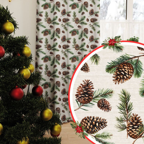 Zasłona z tkaniny wodoodpornej, beżowe tło, kolorowy nadruk, na taśmie, wysokość do 350 cm, Szyszki - szyta na wymiar