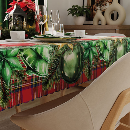 Obrus z materiału wodoodpornego, wykończony chmurą, wielokolorowy świąteczny nadruk, Bombki- szyty na wymiar