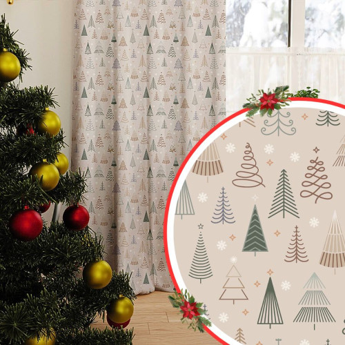Zasłona z tkaniny wodoodpornej, drukowana, kolor beżowy, na taśmie, wysokość do 350 cm, Geometryczne choinki - szyta na wymiar