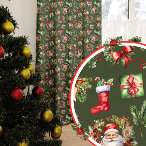 Zasłona z tkaniny wodoodpornej, tło zielone, kolorowy nadruk, na taśmie, wysokość do 350 cm, Świąteczny mix - szyta na wymiar