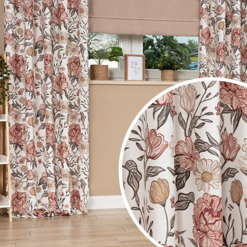 Gotowa zasłona welurowa na taśmie, nadruk w kwiaty typu boho, rozmiar 140x250 cm Piwonia