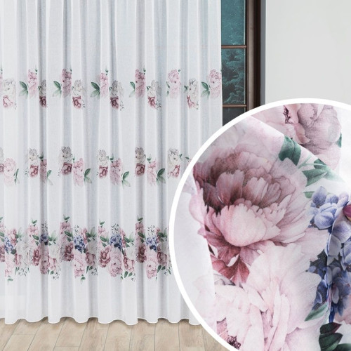Delikatna tkanina typu etamina z ołowianką, nadruk piwonie, wysokość 290 cm, Peoni - sprzedawana na metry