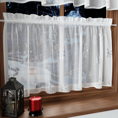 Świąteczna zazdrostka gotowa woal ze srebrnym nadrukiem kilka rozmiarów Śnieżynki