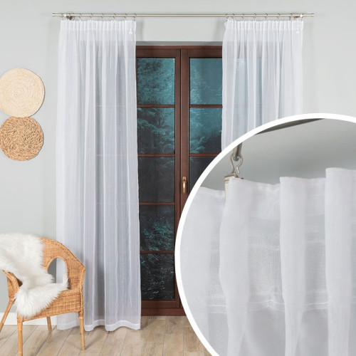 Firana Gotowa z Woalu na Taśmie 140x250 cm – Gładka Biała z Listwą