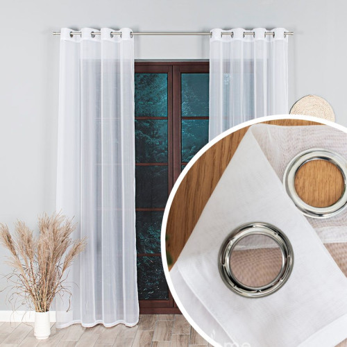 Firana gotowa z woalu na srebrnych przelotkach, kolor biały, oferowana w dwóch rozmiarach