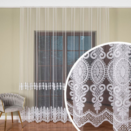 Długa haftowana firana do salonu biała wysokość 285 cm - sprzedawana na metry