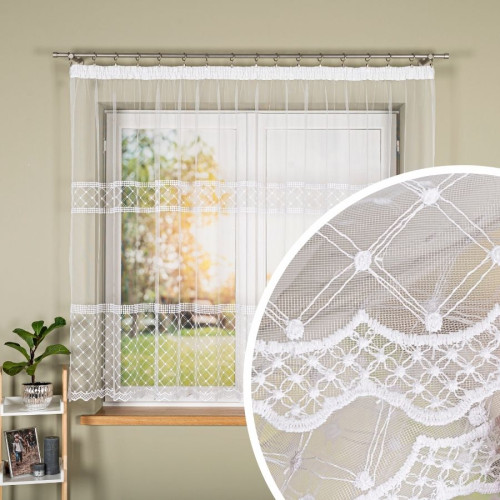 Krótka gotowa firana do salonu jadalni, haftowana, kolor biały Metis