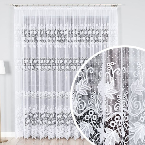 Firanka żakardowa na taśmie z roślinnym wzorem, kolor biały, wysokość do 250 cm - szyta na wymiar