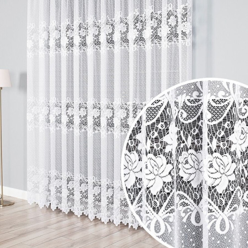 Firanka żakardowa na taśmie z kwiatowym wzorem, oferowana w wysokości od 100 do 250 cm - szyta na wymiar