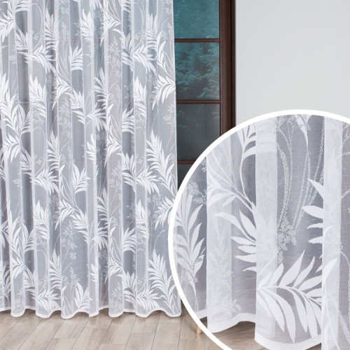 Nowoczesna firana żakardowa do szyny sufitowej z roślinnym wzorem, kolor biały, wysokość do 290 cm - szyta na wymiar