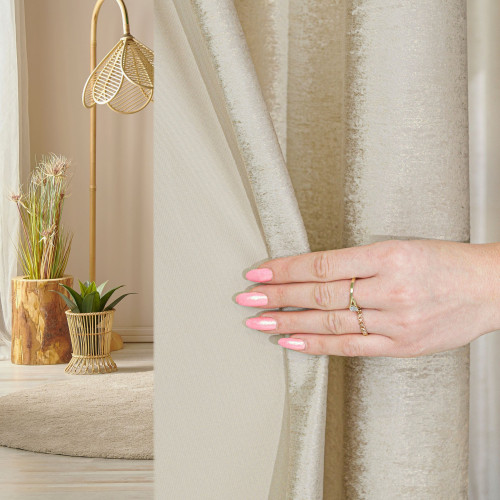 Gotowa zasłona welwetowa na przelotkach, ze złotym nadrukiem, kolor kremowy, rozmiar 140x250 cm, Eleonora