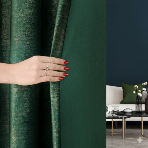 Gotowa zasłona welwetowa na przelotkach, ze złotym nadrukiem, kolor ciemnozielony butelkowy, rozmiar 140x250 cm, Eleonora