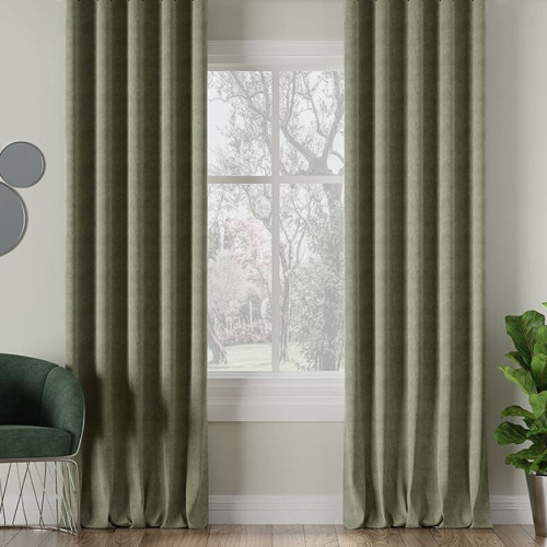 Nowoczesna zasłona do salonu welurowa na taśmie wave Milas, kolor szaro-zielony - szyta na wymiar