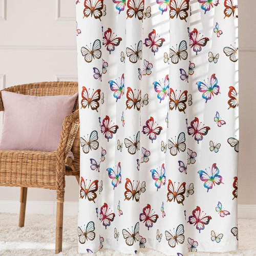 Gotowa welurowa zasłona do pokoju dziecka na taśmie, kolor biały z nadrukiem, rozmiar 140x250 cm, Motylki